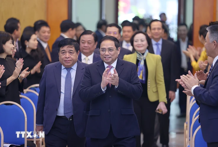  Thủ tướng Phạm Minh Chính dự Hội nghị tổng kết công tác năm 2022 và triển khai nhiệm vụ năm 2023 của Bộ Kế hoạch và Đầu tư. (Ảnh: Dương Giang/TTXVN)