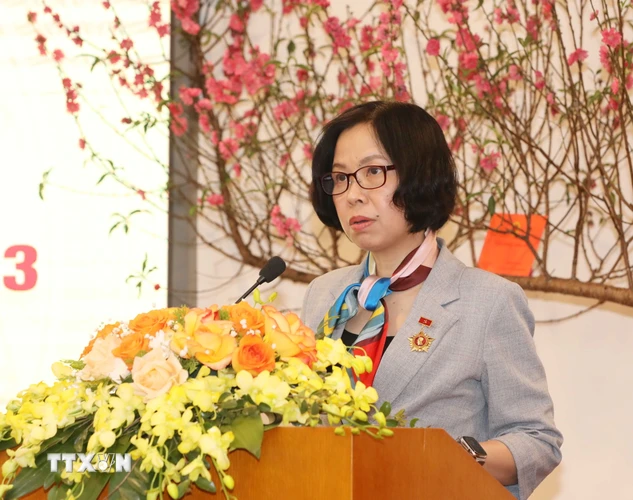 Bà Vũ Việt Trang, Bí thư Đảng ủy, Tổng Giám đốc Thông tấn xã Việt Nam phát biểu tại hội nghị. (Ảnh: Phương Hoa/TTXVN)