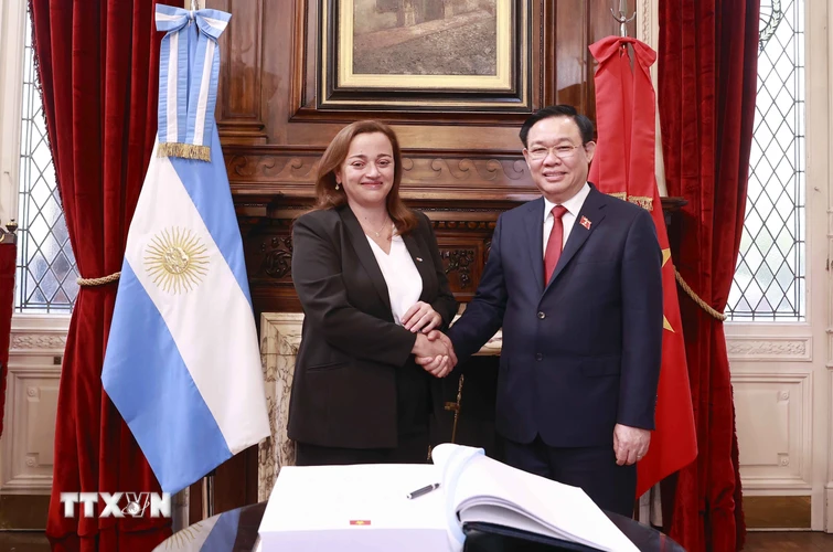 Chủ tịch Quốc hội Vương Đình Huệ và Chủ tịch Hạ viện Cộng hòa Argentina Cecilia Moreau chụp ảnh chung trước khi tiến hành hội đàm. (Ảnh: Doãn Tấn/TTXVN)