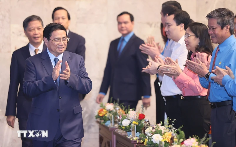 Thủ tướng Phạm Minh Chính đến dự và phát biểu tại Lễ phát động Tháng Công nhân, Tháng hành động về an toàn, vệ sinh lao động và năm 2023. (Ảnh: Dương Giang/TTXVN)