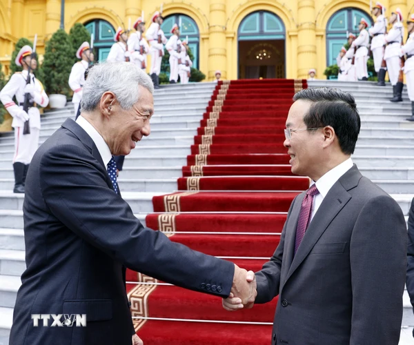 Chiều 28/8, tại Phủ Chủ tịch, Chủ tịch nước Võ Văn Thưởng tiếp Thủ tướng Singapore Lý Hiển Long đang có chuyến thăm chính thức Việt Nam. (Ảnh: Thống Nhất/TTXVN)