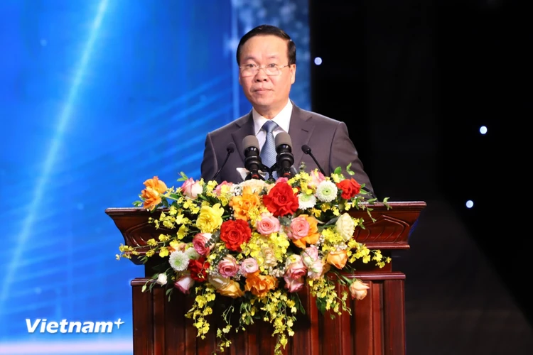 Ủy viên Bộ Chính trị, Chủ tịch nước Võ Văn Thưởng phát biểu khai mạc Lễ trao Giải Báo chí Quốc gia lần thứ XVII năm 2022. (Ảnh: Hoài Nam/Vietnam+)