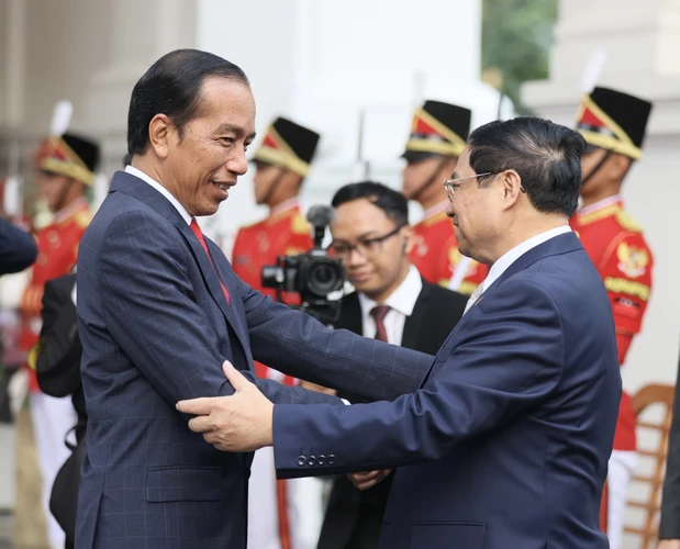 Thủ tướng Phạm Minh Chính hội kiến Tổng thống Indonesia Joko Widodo. (Ảnh: Dương Giang/TTXVN)