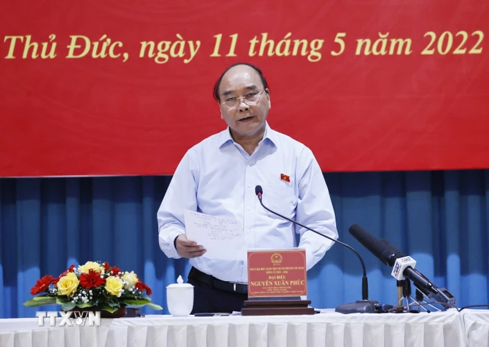 Chủ tịch nước Nguyễn Xuân Phúc phát biểu tại buổi tiếp xúc cử tri. (Ảnh: Thống Nhất/TTXVN)