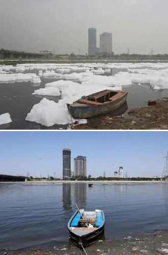 Năm ngoái, một lần nữa, Ấn Độ lại đứng đầu danh sách những địa điểm ô nhiễm nhất thế giới, với 14 trong số 20 thành phố có chất lượng không khí ở mức nguy hiểm. Nhưng năm nay, sau một thời gian dài thực hiện hạn chế xã hội, sông Yamuna ở New Delhi, Ấn Độ, trong bức ảnh được chụp vào ngày 8/4/2020 (dưới), đã khác hoàn toàn với bức ảnh chụp ngày 21/3/2018. (Nguồn: boredpanda.com)