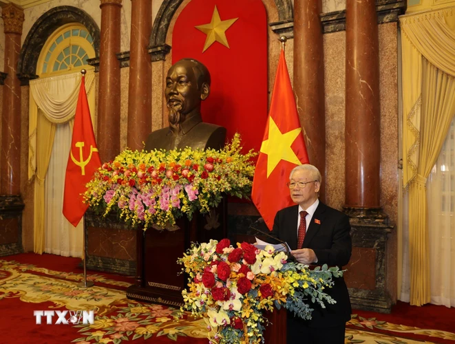 Tổng Bí thư Nguyễn Phú Trọng phát biểu tại Lễ bàn giao. (Ảnh: Trí Dũng/TTXVN)