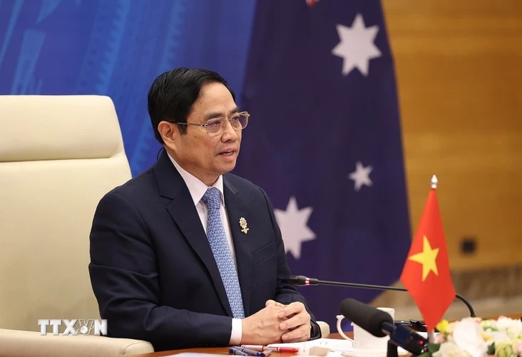  Thủ tướng Phạm Minh Chính phát biểu tại Hội nghị cấp cao ASEAN-Australia thường niên lần thứ nhất theo hình thức trực tuyến. (Ảnh: Dương Giang/TTXVN)