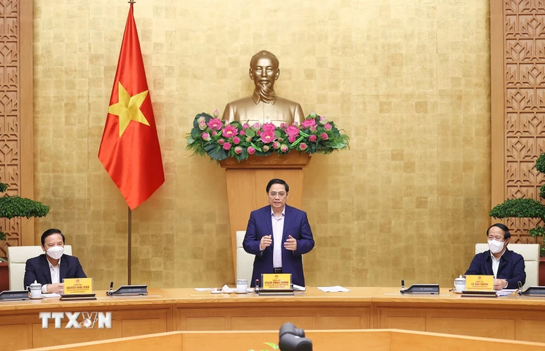 Thủ tướng Phạm Minh Chính chủ trì họp Ban Chỉ đạo Quốc gia phòng, chống dịch COVID-19 với các tỉnh, thành phố. (Ảnh: Dương Giang/TTXVN)