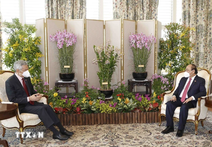 Sáng 25/2, Chủ tịch nước Nguyễn Xuân Phúc gặp Thủ tướng Singapore Lý Hiển Long. (Ảnh: Thống Nhất/TTXVN)