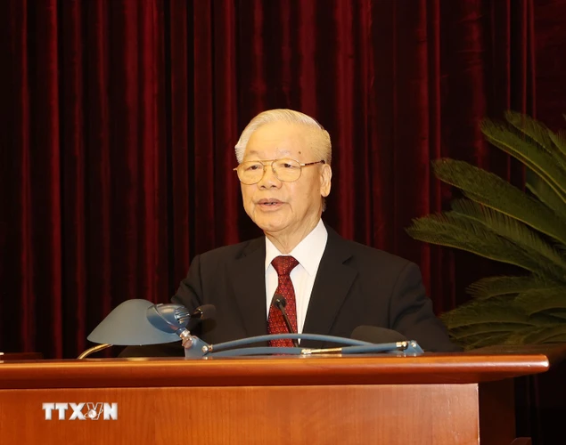 Tổng Bí thư Nguyễn Phú Trọng phát biểu kết luận hội nghị.(Ảnh: Trí Dũng/TTXVN)