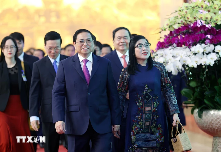 Thủ tướng Phạm Minh Chính và Phu nhân tham dự chiêu đãi Đoàn Ngoại giao nhân dịp Tết Quý Mão 2023. (Ảnh: Dương Giang/TTXVN)