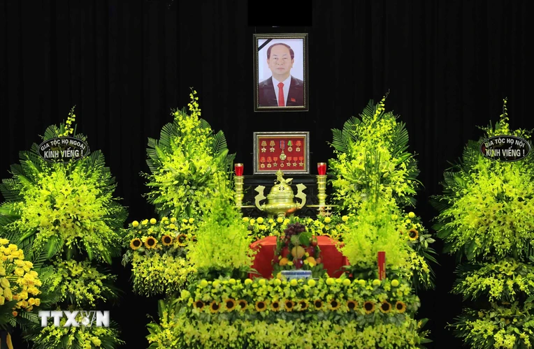 Lễ viếng đồng chí Trần Đại Quang, Ủy viên Bộ Chính trị, Chủ tịch nước Cộng hòa Xã hội chủ nghĩa Việt Nam được tổ chức trọng thể tại Nhà tang lễ quốc giatheo nghi thức Quốc tang. (Ảnh: TTXVN)