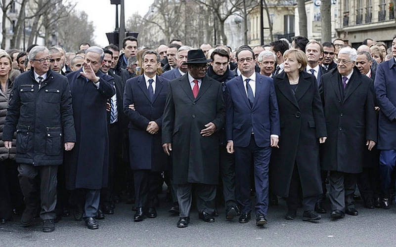 Đoàn nguyên thủ quốc gia dẫn đầu cuộc tuần hành chống khủng bố lịch sử tại Paris hôm Chủ Nhật tuần trước. (Nguồn: telegraph)