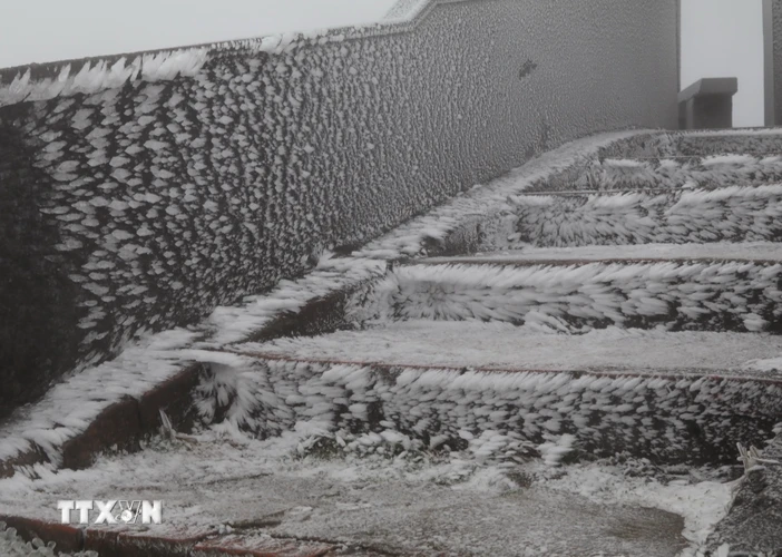 Băng tuyết phủ bám đầy mặt các ông trình trên Mẫu Sơn. (Ảnh: Quang Duy/TTXVN)
