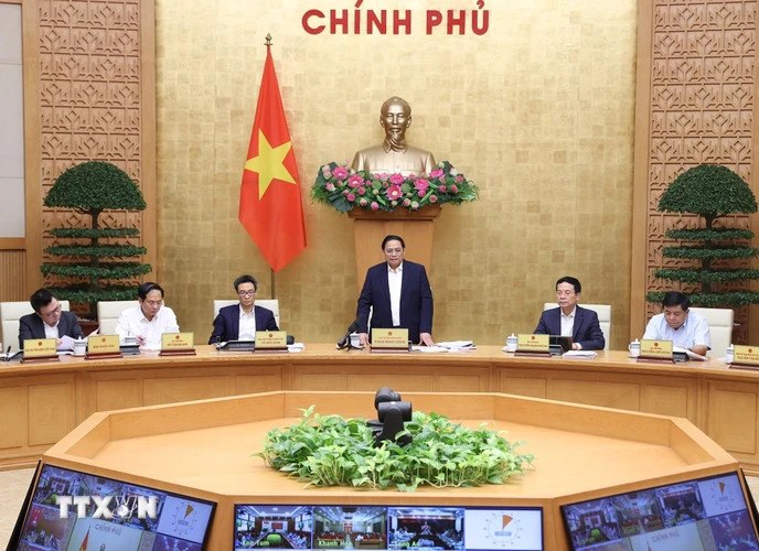 Thủ tướng Phạm Minh Chính chủ trì Hội nghị trực tuyến toàn quốc về truyền thông chính sách. (Ảnh: Dương Giang/TTXVN)