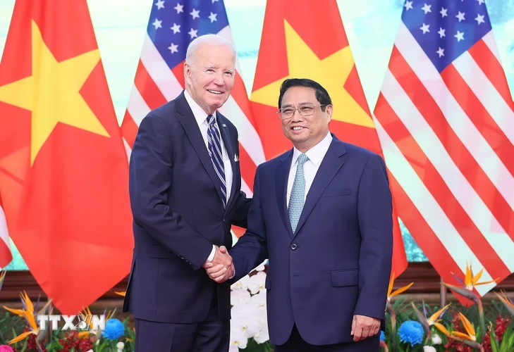 Thủ tướng Phạm Minh Chính hội kiến Tổng thống Hoa Kỳ Joe Biden nhân chuyến thăm cấp Nhà nước tới Việt Nam. (Ảnh: Dương Giang/TTXVN)