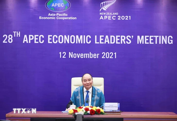 Chủ tịch nước Nguyễn Xuân Phúc dự Hội nghị các nhà Lãnh đạo kinh tế APEC lần thứ 28 theo hình thức trực tuyến. (Ảnh: Thống Nhất/TTXVN)