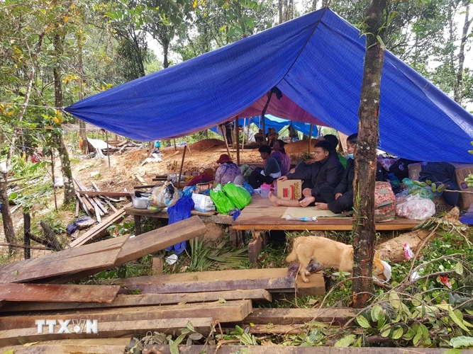 Người dân thôn 1, xã Trà Leng đang phải ở trong các lều dựng tạm. (Ảnh: Đoàn Hữu Trung/TTXVN)