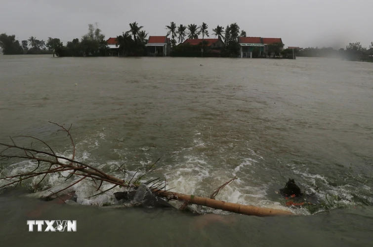 Nước lũ dâng cao gây ngập úng ảnh hưởng đến nhà ở của 300 hộ dân huyện Tây Hòa. (Ảnh: Phạm Cường-Xuân Triệu/TTXVN)