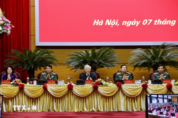 Tổng Bí thư, Chủ tịch nước Nguyễn Phú Trọng, Bí thư Quân ủy Trung ương chủ trì hội nghị. (Ảnh: Dương Giang/TTXVN)
