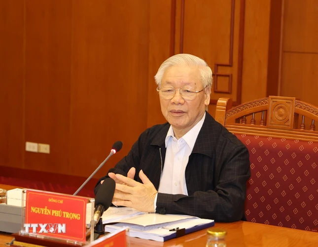 Tổng Bí thư, Chủ tịch nước Nguyễn Phú Trọng phát biểu chỉ đạo cuộc họp. (Ảnh: Trí Dũng/TTXVN)