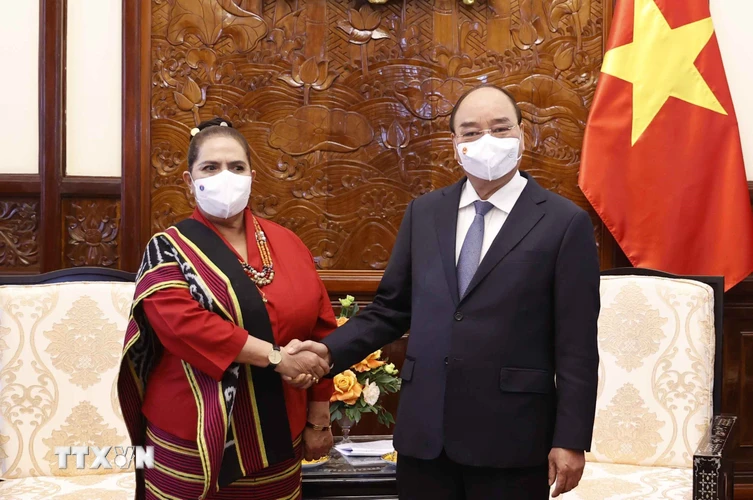 Chủ tịch nước Nguyễn Xuân Phúc tiếp bà Maria Olandina Isabel Caeiro Alves, Đại sứ Timor Leste tại Việt Nam. (Ảnh: Thống Nhất/TTXVN)