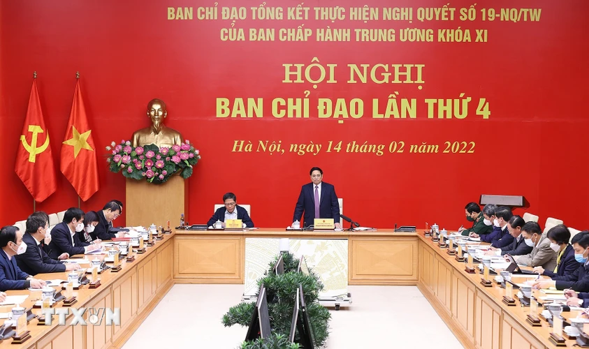 Sáng 14/2, Thủ tướng Phạm Minh Chính chủ trì Hội nghị lần thứ 4 Ban Chỉ đạo Tổng kết thực hiện Nghị quyết số 19-NQ/TW của Ban Chấp hành Trung ương khóa XI về tiếp tục đổi mới chính sách, pháp luật về đất đai. (Ảnh: Dương Giang/TTXVN)