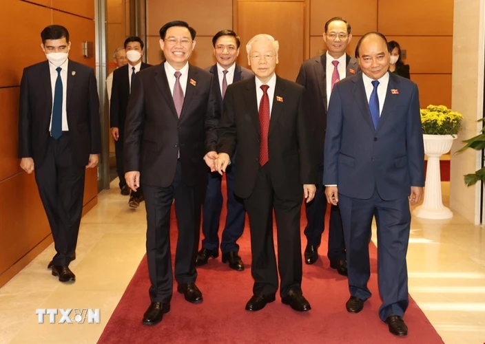 Tổng Bí thư Nguyễn Phú Trọng cùng các lãnh đạo Đảng, Nhà nước và các đại biểu tới dự phiên bế mạc. (Ảnh: Trí Dũng/TTXVN)