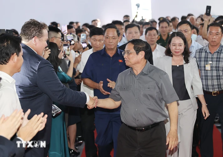 Thủ tướng Phạm Minh Chính đến dự lễ khởi công Khu công nghiệp Sơn Mỹ 1. (Ảnh: Dương Giang/TTXVN)
