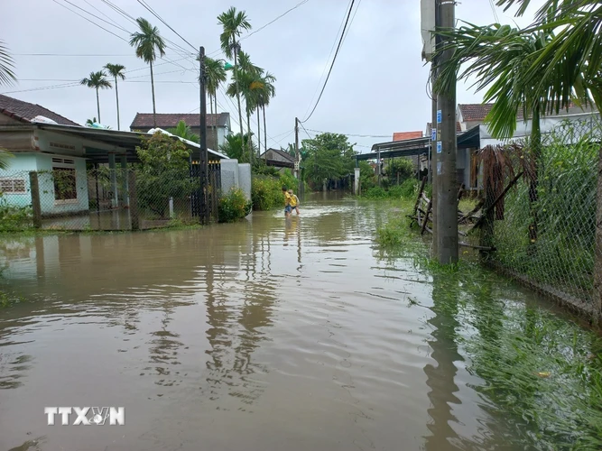 Nước lũ gây ngập cục bộ tại một số tuyến đường liên thôn, xóm xã Hành Đức, huyện Nghĩa Hành. (Ảnh: Đinh Hương/TTXVN)