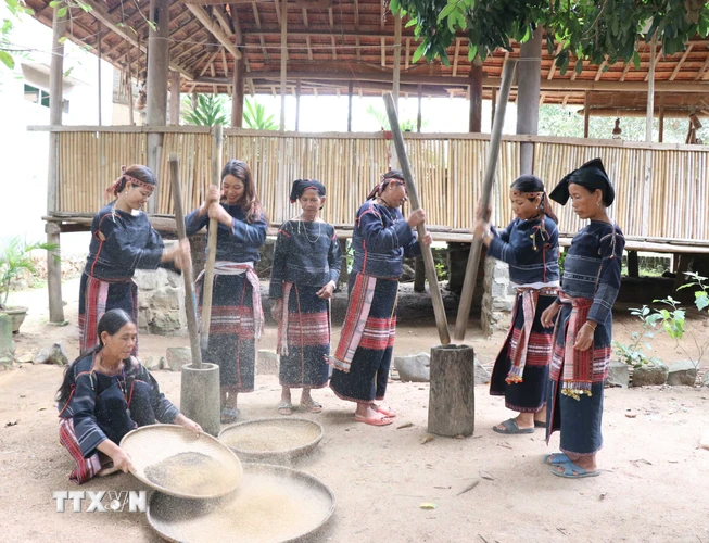 Phụ nữ trong làng tập trung giã, sàng sẩy để lựa chọn hạt Cào đạt chuẩn nấu rượu cần. (Ảnh: Hồng Điệp/TTXVN)