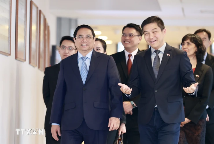 Tiếp tục chuyến thăm chính thức Cộng hòa Singapore, chiều 9/2, Thủ tướng Phạm Minh Chính đã hội kiến Chủ tịch Quốc hội Singapore Tan Chuan-Jin. (Ảnh: Dương Giang/TTXVN)