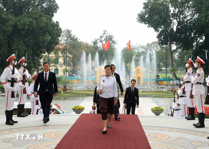 Đại sứ Vương quốc Campuchia Chea Kimtha đến trình Quốc thư. (Ảnh: Thống Nhất/TTTXVN)