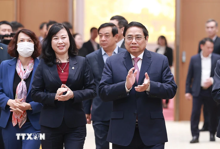 Thủ tướng Phạm Minh Chính đến dự hội nghị triển khai công tác y tế năm 2023. (Ảnh: Dương Giang/TTXVN)