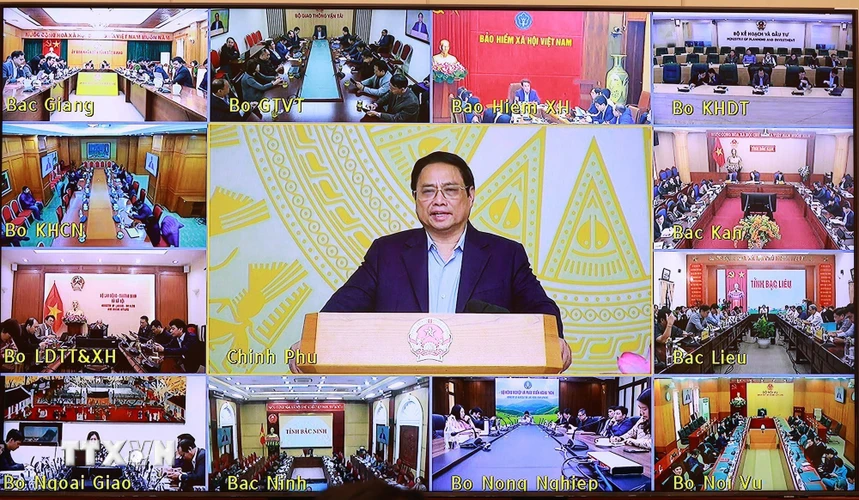 Sáng 25/2, tại Hà Nội,Thủ tướng Phạm Minh Chính, Chủ tịch Ủy ban Quốc gia về chuyển đổi số đã chủ trì phiên họp lần thứ 5 của Ủy ban, kết nối trực tuyến đến các bộ, ngành và địa phương trên cả nước. (Ảnh: Dương Giang/TTXVN)