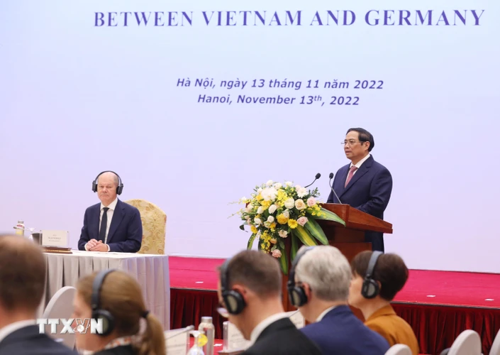 Thủ tướng Chính phủ Phạm Minh Chính phát biểu tại Hội nghị bàn tròn với doanh nghiệp Việt Nam-Đức. (Ảnh: Lâm Khánh/TTXVN)