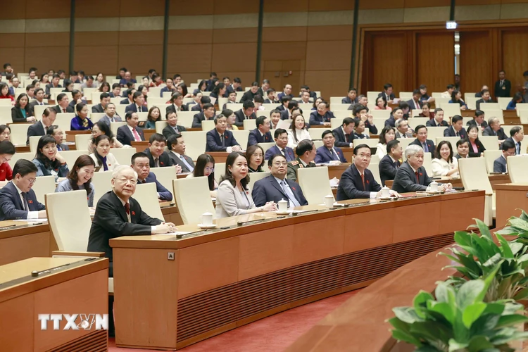 Tổng Bí thư Nguyễn Phú Trọng và các lãnh đạo Đảng, Nhà nước, đại biểu Quốc hội dự kỳ họp. (Ảnh: TTXVN) 