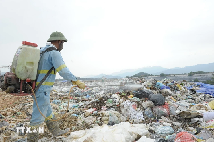 Công nhân Công ty TNHH MTV Môi trường Đô thị Hà Nội phun thuốc phòng trừ muỗi tại bãi rác Nam Sơn. (Ảnh: Mạnh Khánh/TTXVN)