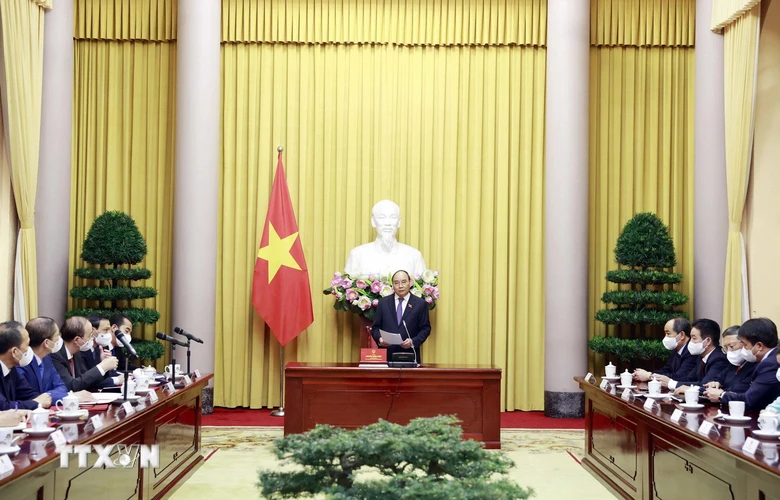  Chủ tịch nước Nguyễn Xuân Phúc phát biểu tại lễ trao quyết định bổ nhiệm. (Ảnh: Thống Nhất/TTXVN)