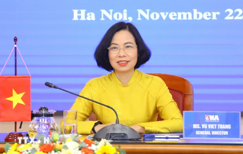 Tổng giám đốc TTXVN Vũ Việt Trang tham dự Hội nghị Cấp cao Truyền thông Thế giới (WMS) lần thứ 4, tại điểm cầu Hà Nội. (Ảnh: Văn Điệp/TTXVN)