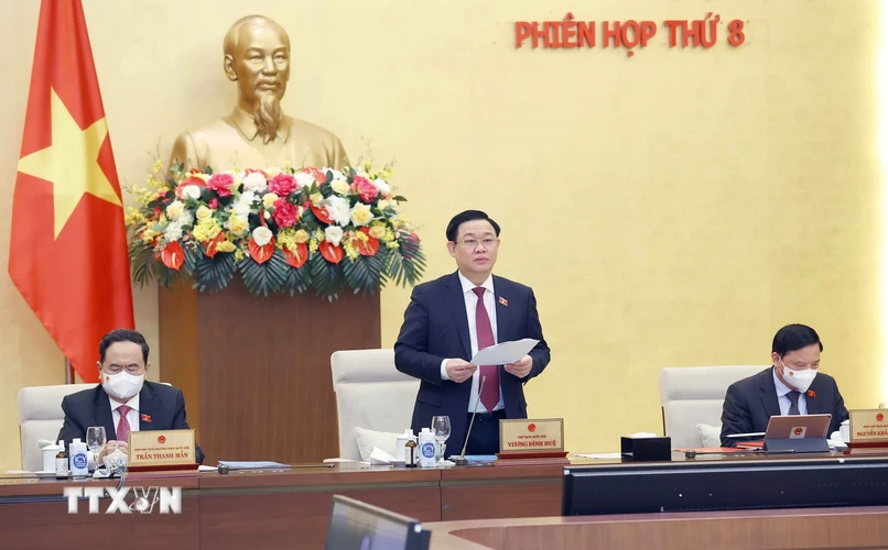 Chủ tịch Quốc hội Vương Đình Huệ phát biểu khai mạc Phiên họp thứ 8 của Ủy ban Thường vụ Quốc hội khóa XV. (Ảnh: Doãn Tấn/TTXVN)