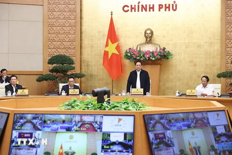 Sáng 5/4, Thủ tướng Phạm Minh Chính chủ trì hội nghị triển khai Chương trình phục hồi và phát triển KT-XH. (Ảnh: Dương Giang/TTXVN)