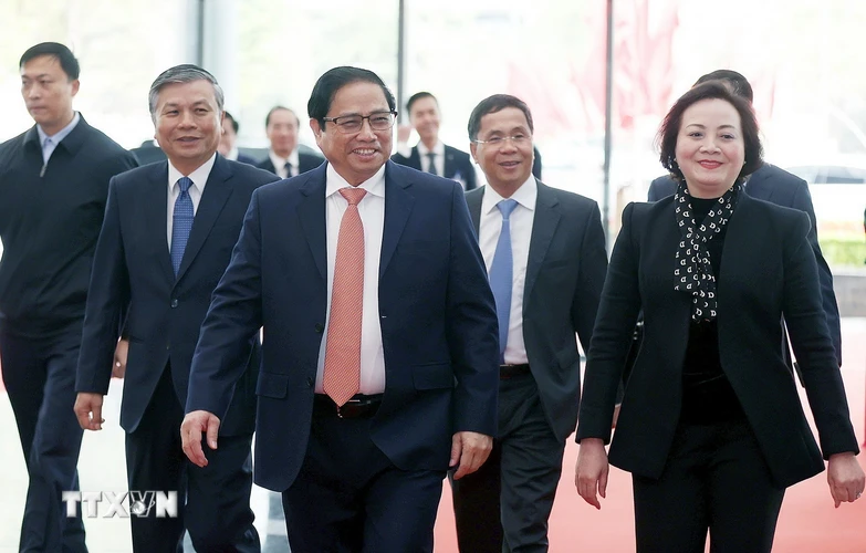 Thủ tướng Phạm Minh Chính đến dự Hội nghị triển khai nhiệm vụ năm 2023 của ngành Nội vụ. (Ảnh: Dương Giang/TTXVN)