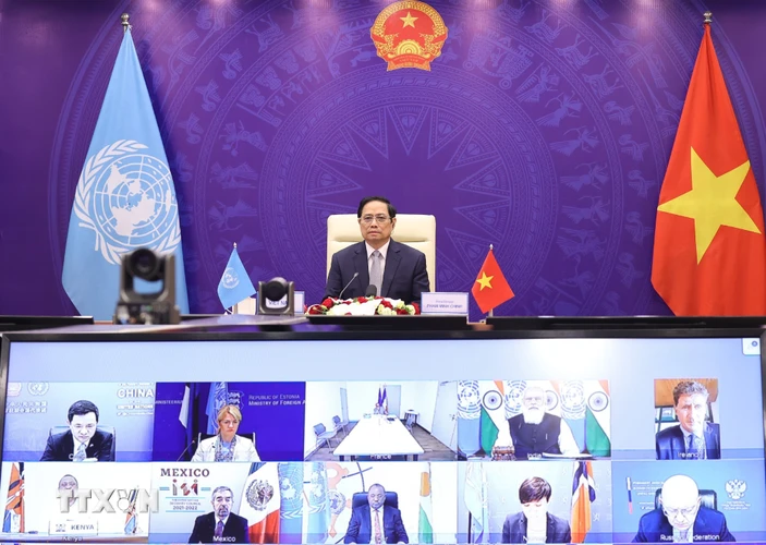 Tối 9/8, tại Hà Nội, Thủ tướng Phạm Minh Chính tham dự và phát biểu tại Phiên thảo luận mở Cấp cao của Hội đồng Bảo an Liên hợp quốc về chủ đề Thúc đẩy An ninh Biển và Một số lĩnh vực hợp tác quốc tế theo hình thức trực tuyến. (Ảnh: Dương Giang/TTXVN)