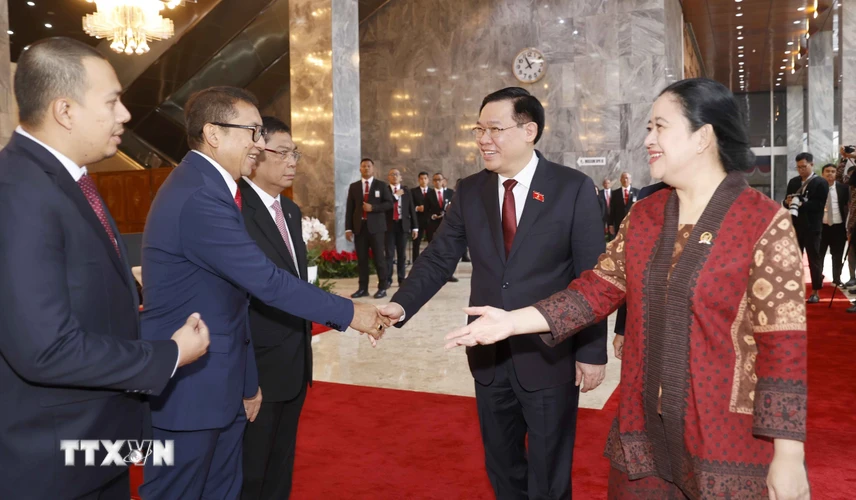 Chủ tịch Quốc hội Vương Đình Huệ và Chủ tịch Hạ viện Indonesia Puan Maharani với đại biểu. (Ảnh: Doãn Tấn/TTXVN)