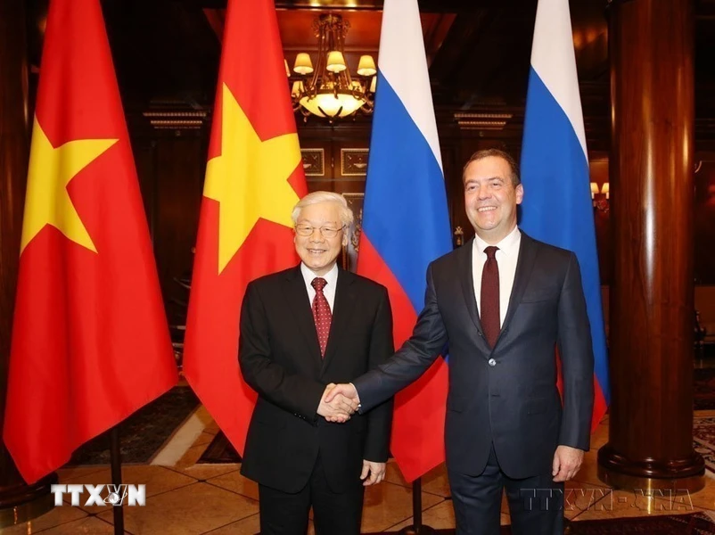 Tổng Bí thư Nguyễn Phú Trọng hội kiến Thủ tướng Dmitry Medvedev (Moskva, 2018). (Ảnh: Trí Dũng/TTXVN)