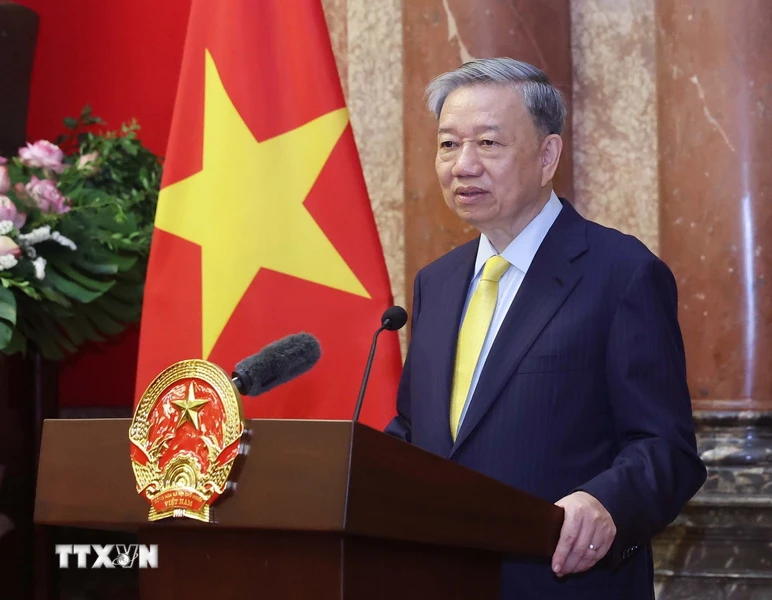 Đại tướng Tô Lâm, Ủy viên Bộ Chính trị, Chủ tịch nước phát biểu. (Ảnh: Thống Nhất/TTXVN)