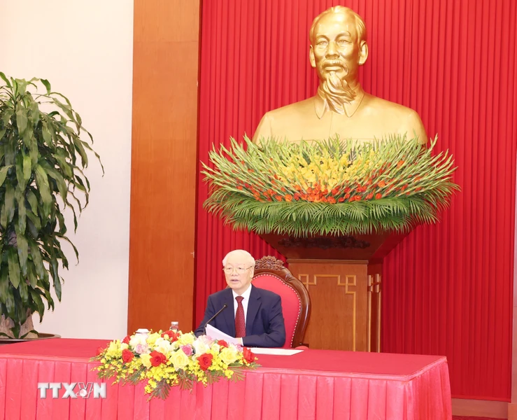 Tổng Bí thư Nguyễn Phú Trọng điện đàm cấp cao với Tổng thống Liên bang Nga Vladimir Putin. (Ảnh: Trí Dũng/TTXVN)
