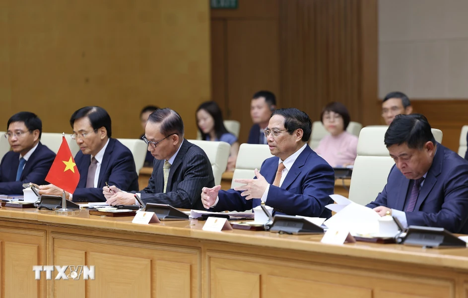 Thủ tướng Phạm Minh Chính phát biểu tại cuộc làm việc với Thủ tướng Lào Sonexay Siphandone. (Ảnh: Dương Giang/TTXVN)