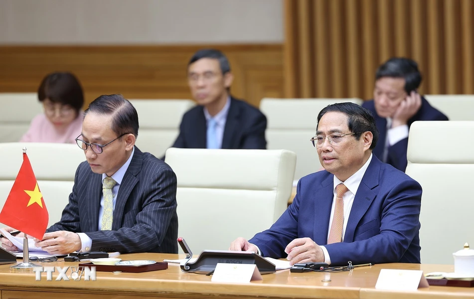 Thủ tướng Phạm Minh Chính phát biểu tại cuộc làm việc với Thủ tướng Lào Sonexay Siphandone. (Ảnh: Dương Giang/TTXVN)